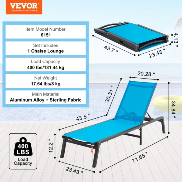 SucceBuy Chaise Lounge Chair Outdoor Aluminum Patio LoungeFolding Pool Lounge Recliner Full Flat for Patio Beach Pool