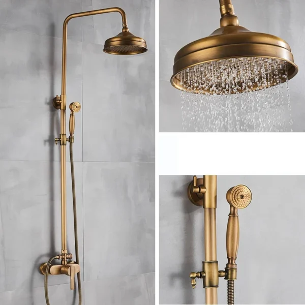 Antique Brass Shower Faucets Set 8'' Rainfall Shower Head Brass Handshower Dual Handle Mixer Tap Rotation Bath Shower Faucet