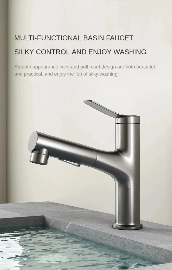 Bathroom Sink Pull-out Hot and Cold Water Mixer Faucet for Bathroom Grey/Chrome 3 Functions Mouthwash Faucet Deck Mount