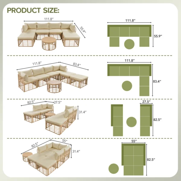 7 Pieces Outdoor Patio Furniture, All-Weather Rattan Sectional Sofa Set with Thick Cushions and Pillows, Freely Combined Conversation Sets for Garden, Backyard