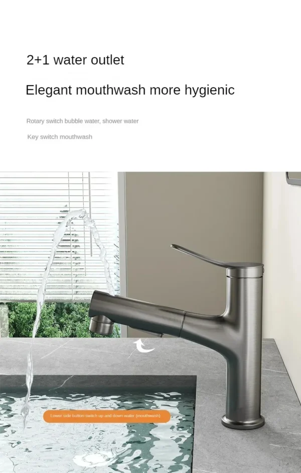 Bathroom Sink Pull-out Hot and Cold Water Mixer Faucet for Bathroom Grey/Chrome 3 Functions Mouthwash Faucet Deck Mount