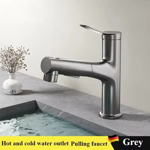Bathroom Sink Pull-out Hot and Cold Water Mixer Faucet for Bathroom Grey/Chrome 3 Functions Mouthwash Faucet Deck Mount