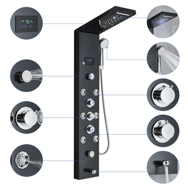 Sd9dac3e53b354a07887fb26cd2027e67v.webp LED Shower Panel Waterfall Rain Digital Display Shower Faucet System Set Bathroom Column Mixer With SPA Massage Jet