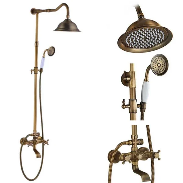 Antique Brass Shower Faucets Set 8'' Rainfall Shower Head Brass Handshower Dual Handle Mixer Tap Rotation Bath Shower Faucet
