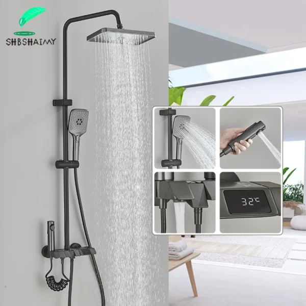 Gun Grey Piano Digital 4 Function Shower Set Bathroom Faucets Hot Cold Waterfall Digtial Display Tap Rainfall Shower System