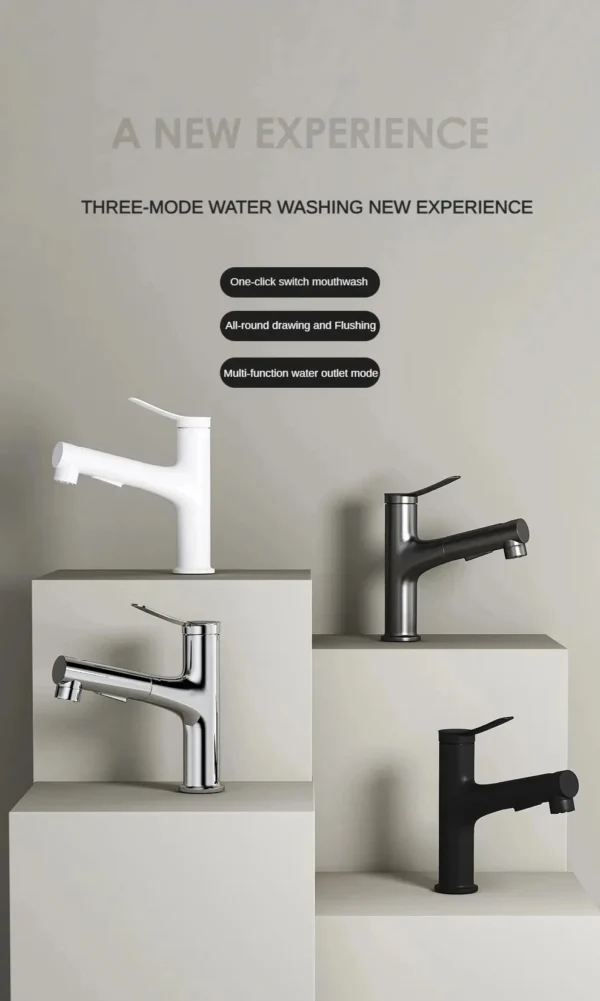 Bathroom Sink Pull-out Hot and Cold Water Mixer Faucet for Bathroom Grey/Chrome 3 Functions Mouthwash Faucet Deck Mount