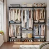 Portable Three Rows Wardrobe Closet with Hanging Rods Clothing Rack with Shelves Mudroom Storage Organizer