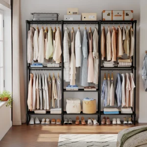 Se7c4f64922ae4139848cd9b4cfaabb59F.webp Portable Three Rows Wardrobe Closet with Hanging Rods Clothing Rack with Shelves Mudroom Storage Organizer
