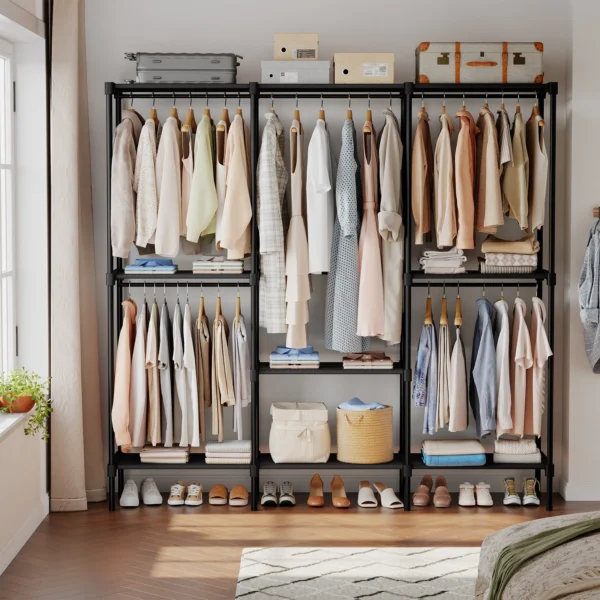 Portable Three Rows Wardrobe Closet with Hanging Rods Clothing Rack with Shelves Mudroom Storage Organizer