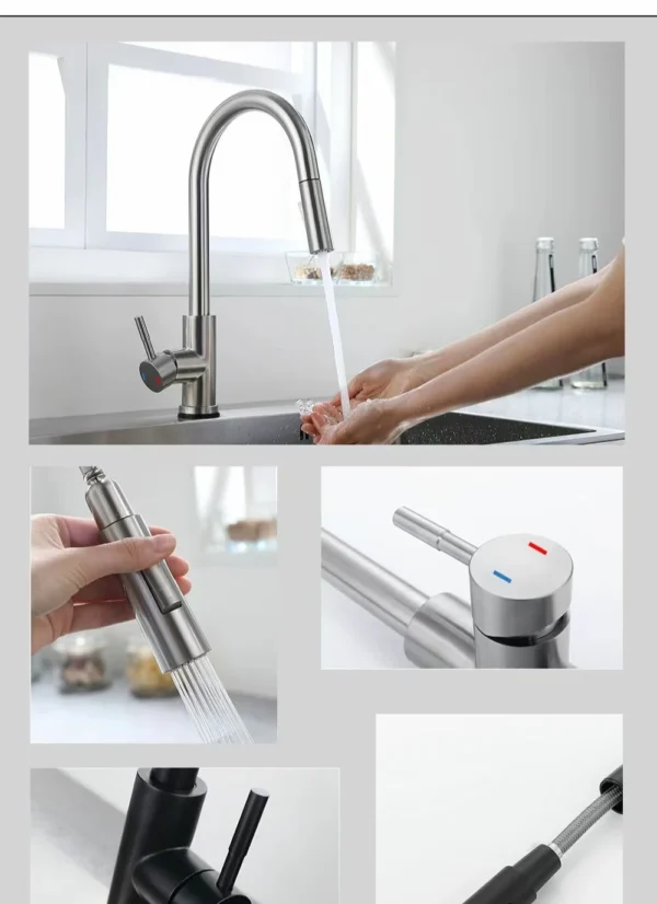 Stainless Steel Kitchen Faucet Single Hole Pull Out Spray 360° Swivel Sink Faucet High Arc Modern Design