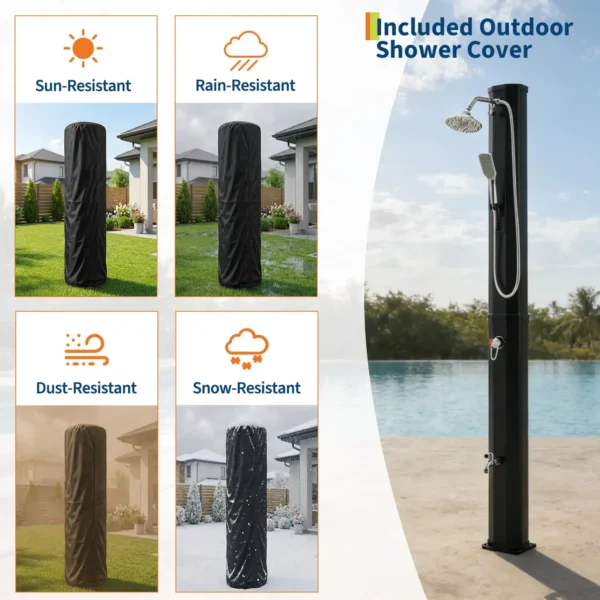 7.2FT Freestanding Solar Heated Pool Shower 9.3 Gallon Outdoor Shower Kit With Handheld Foot Faucet Hot Cold Water & Cover