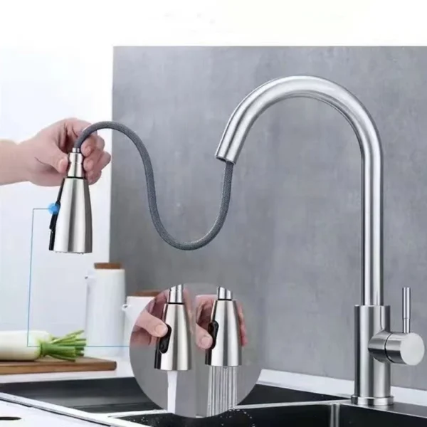 Stainless Steel Kitchen Faucet Single Hole Pull Out Spray 360° Swivel Sink Faucet High Arc Modern Design