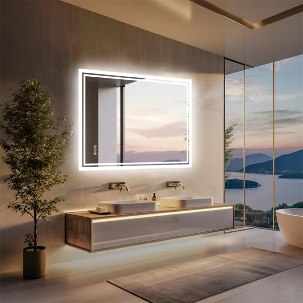 S1bde55cdd8954516b9df10b8ffbc7d11K.webp LED Bathroom Mirror, Frameless Backlit Vanity Mirror, Dimmable 3-Color Light, Anti-Fog, Touch Sensor