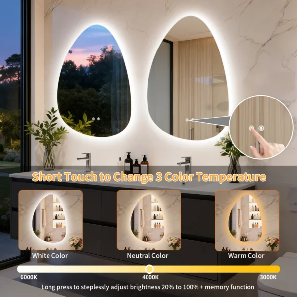 Bathroom Mirror LED Wall Mounted Vanity Mirror with 3 Lighting Colors, Touch Sensor, Anti-Fog, Backlit Light, Irregular Pebble Shape