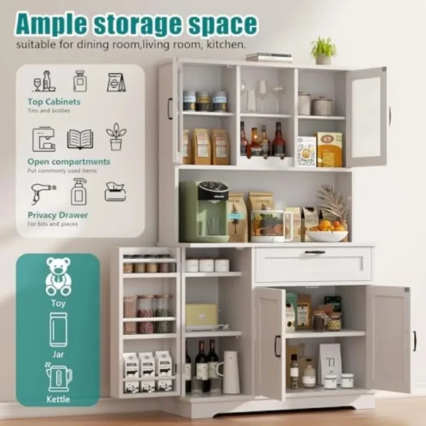 Kitchen Pantry Cabinet, Large Kitchen Hutch Formhouse Storage Cabinet with Microwave Stand, Tall Food Pantry for Dining
