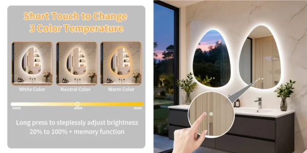 Bathroom Mirror LED Wall Mounted Vanity Mirror with 3 Lighting Colors, Touch Sensor, Anti-Fog, Backlit Light, Irregular Pebble Shape