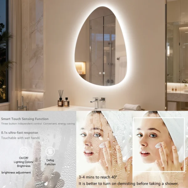 Bathroom Mirror LED Wall Mounted Vanity Mirror with 3 Lighting Colors, Touch Sensor, Anti-Fog, Backlit Light, Irregular Pebble Shape