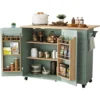 Kitchen Island with Storage, Sage Green Rolling Kitchen Cart on Wheels with Drop-Lea Bar Countertop