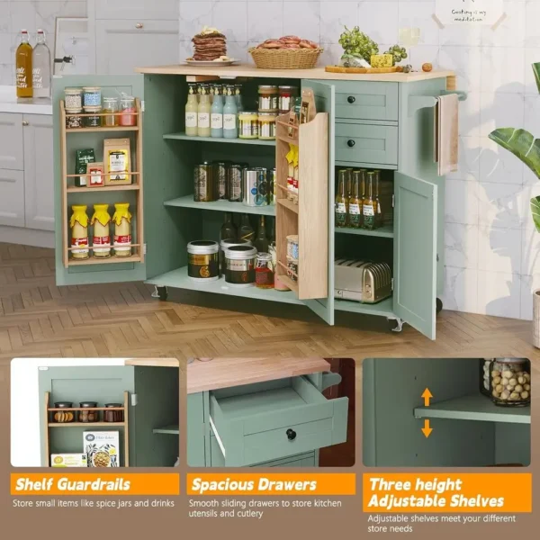 Kitchen Island with Storage, Sage Green Rolling Kitchen Cart on Wheels with Drop-Lea Bar Countertop