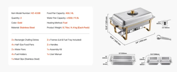 8 Qt 2 4 Pack Chafing Dish Buffet Set Stainless Steel Chafer with 4 Full Size Pans Rectangle Catering Warmer Server