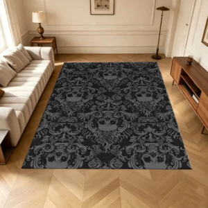 Black Skull Damask Area Rug Gothic Vintage Pattern Carpet Flooring Indoor Living Room Decor Rug