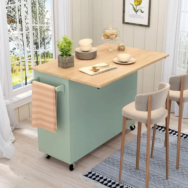 Kitchen Island with Storage, Sage Green Rolling Kitchen Cart on Wheels with Drop-Lea Bar Countertop