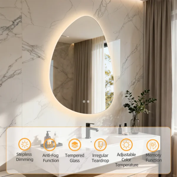 Bathroom Mirror LED Wall Mounted Vanity Mirror with 3 Lighting Colors, Touch Sensor, Anti-Fog, Backlit Light, Irregular Pebble Shape
