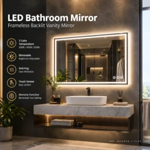 S78baa4bb46214cdbb8d815076e8cc7d30.webp LED Bathroom Mirror, Frameless Backlit Vanity Mirror, Dimmable 3-Color Light, Anti-Fog, Touch Sensor