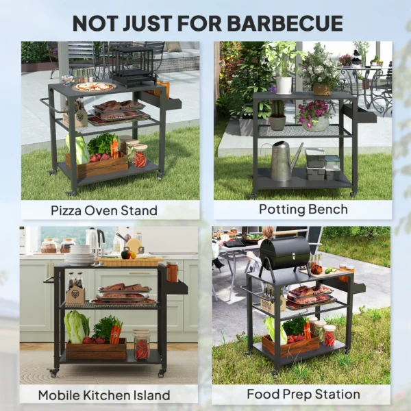 Three-Shelf Outdoor Grill Cart, Movable Food Prep Table on Wheels