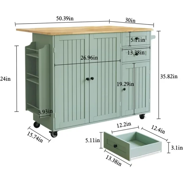 Kitchen Island with Storage, Sage Green Rolling Kitchen Cart on Wheels with Drop-Lea Bar Countertop