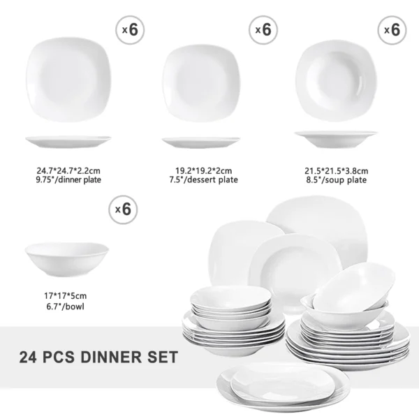 24-Piece Ceramic Porcelain Tableware Dinner Set Cereal Bowls Soup Dessert Plate Dinnerware Serive for 6 Person