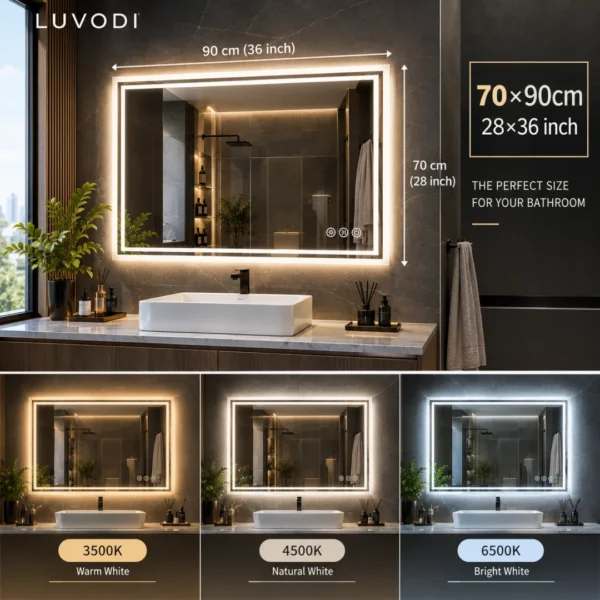 Scee24ae3a9374c27b594e94e02356837T.webp LED Bathroom Mirror, Frameless Backlit Vanity Mirror, Dimmable 3-Color Light, Anti-Fog, Touch Sensor