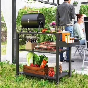 Three-Shelf Outdoor Grill Cart, Movable Food Prep Table on Wheels