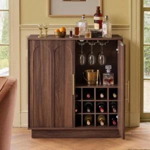 Wine Bar Cabinet, Mid Century Modern Sideboard, Wood Texture, 31.5", Dining Room, Living Room, Kitchen