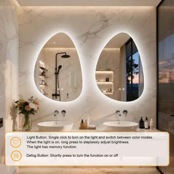 Bathroom Mirror LED Wall Mounted Vanity Mirror with 3 Lighting Colors, Touch Sensor, Anti-Fog, Backlit Light, Irregular Pebble Shape