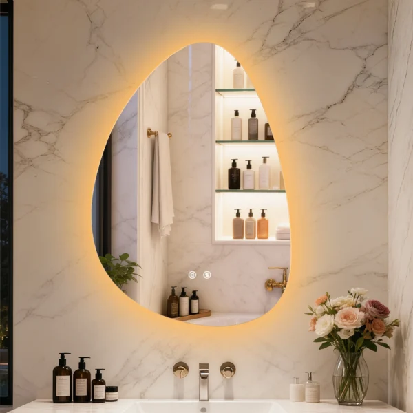 Bathroom Mirror LED Wall Mounted Vanity Mirror with 3 Lighting Colors, Touch Sensor, Anti-Fog, Backlit Light, Irregular Pebble Shape