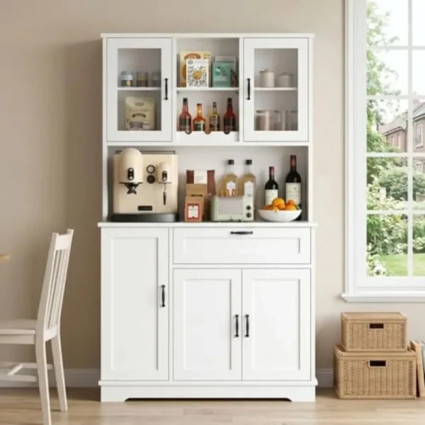 Kitchen Pantry Cabinet, Large Kitchen Hutch Formhouse Storage Cabinet with Microwave Stand, Tall Food Pantry for Dining