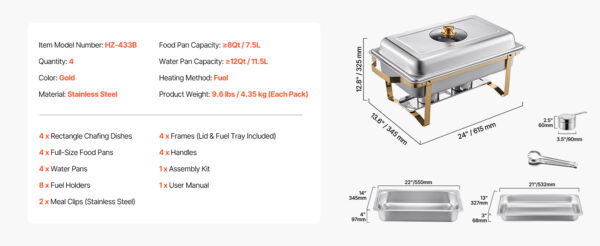 8 Qt 2 4 Pack Chafing Dish Buffet Set Stainless Steel Chafer with 4 Full Size Pans Rectangle Catering Warmer Server