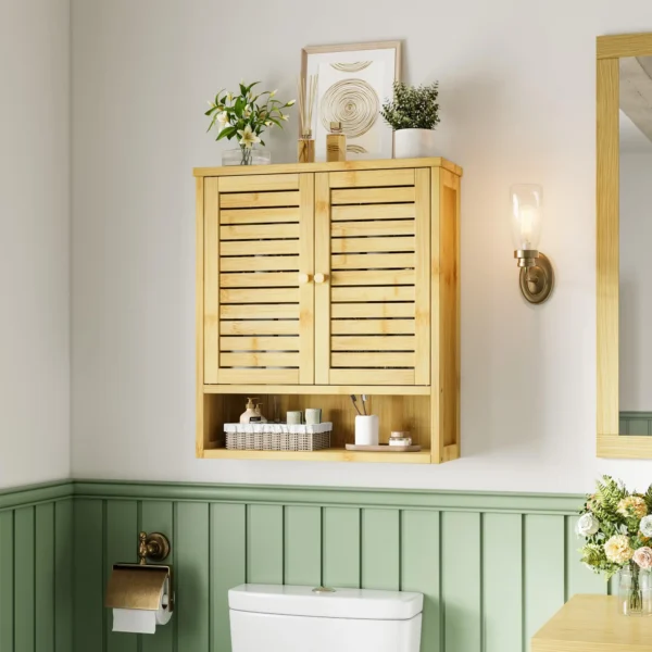 23.3in Wide Bamboo kitchen Wall Cabinet – Wall-Mounted Medicine Cabinet with Storage