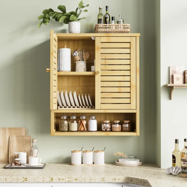 23.3in Wide Bamboo kitchen Wall Cabinet – Wall-Mounted Medicine Cabinet with Storage