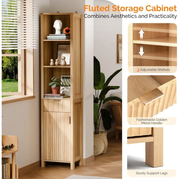 Narrow Fluted Bathroom Floor Skinny Storage Cabinet Storage Cabinet for Small Space , Natural Oak Color