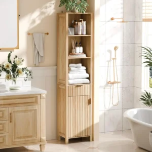S3a2e74ee0b2f4e9d992230aee36bf6f6T.webp Narrow Fluted Bathroom Floor Skinny Storage Cabinet Storage Cabinet for Small Space , Natural Oak Color