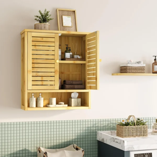 23.3in Wide Bamboo kitchen Wall Cabinet – Wall-Mounted Medicine Cabinet with Storage