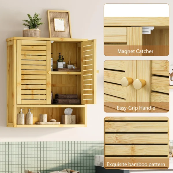 23.3in Wide Bamboo kitchen Wall Cabinet – Wall-Mounted Medicine Cabinet with Storage