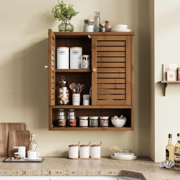 23.3in Wide Bamboo kitchen Wall Cabinet – Wall-Mounted Medicine Cabinet with Storage