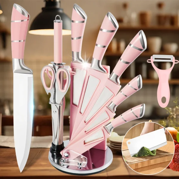Sf1d00e92e083496c9067dbf252ab1dbf4.webp 9PCS Kitchen Knife Set Stainless Steel Hollow Handle Sharp Meat Cutting Cooking Knife Scissors Bread Knife Fruit Peeler